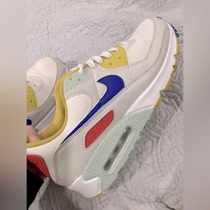 Yellow, blue, red, Nike air max 1, one shoe needs shoe string replacement, 8.5 W
